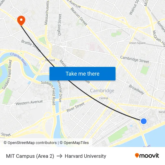 MIT Campus (Area 2) to Harvard University map