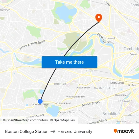 Boston College Station to Harvard University map