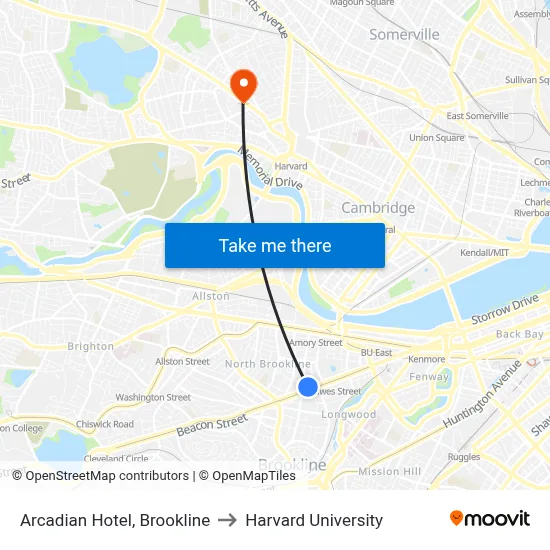 Arcadian Hotel, Brookline to Harvard University map