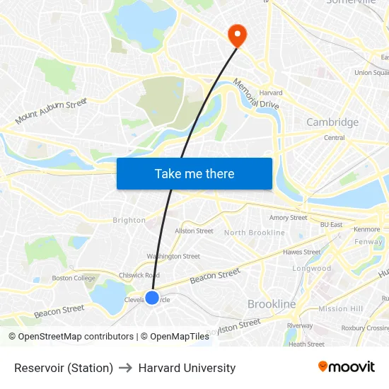 Reservoir (Station) to Harvard University map