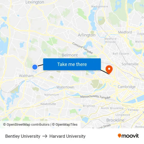 Bentley University to Harvard University map