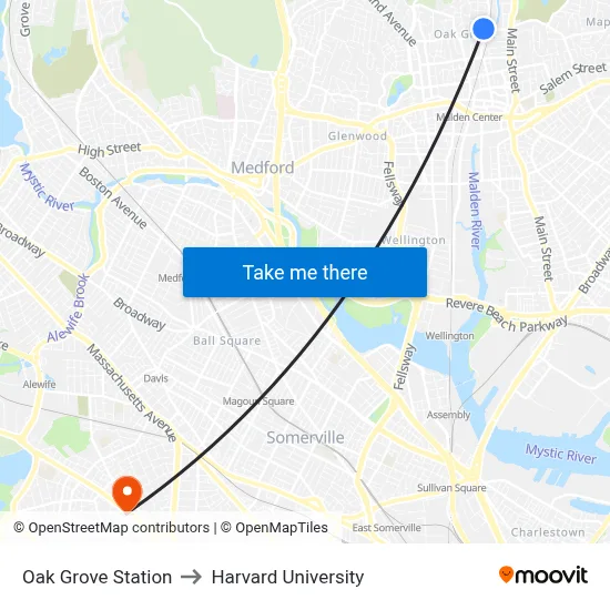 Oak Grove Station to Harvard University map