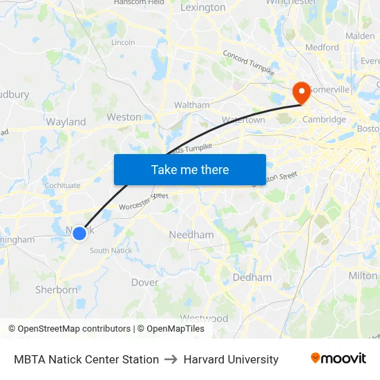MBTA Natick Center Station to Harvard University map