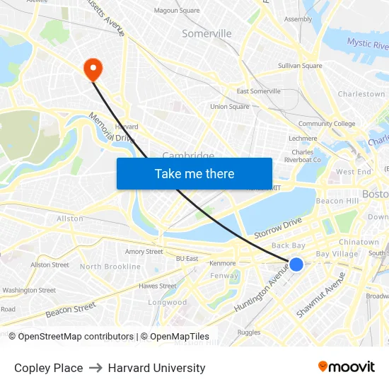 Copley Place to Harvard University map