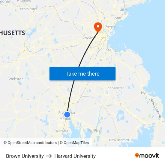 Brown University to Harvard University map