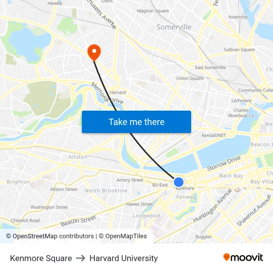 Kenmore Square to Harvard University map