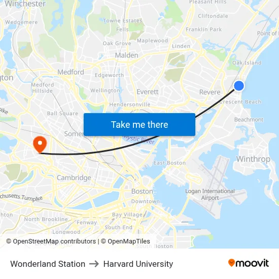 Wonderland Station to Harvard University map