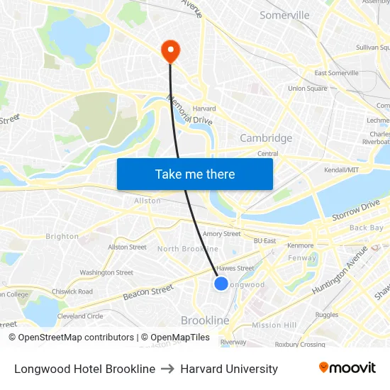 Longwood Hotel Brookline to Harvard University map