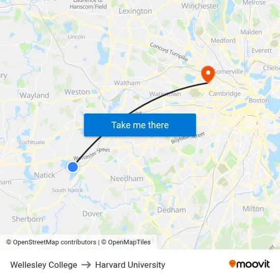 Wellesley College, 106 Central St to Harvard University map