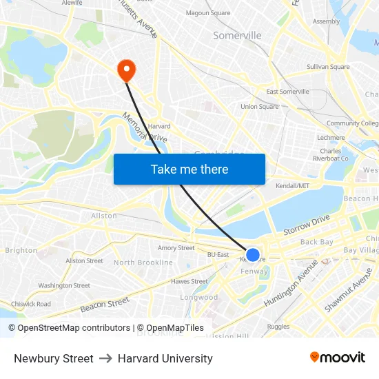 Newbury Street to Harvard University map