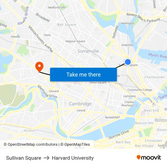 Sullivan Square to Harvard University map