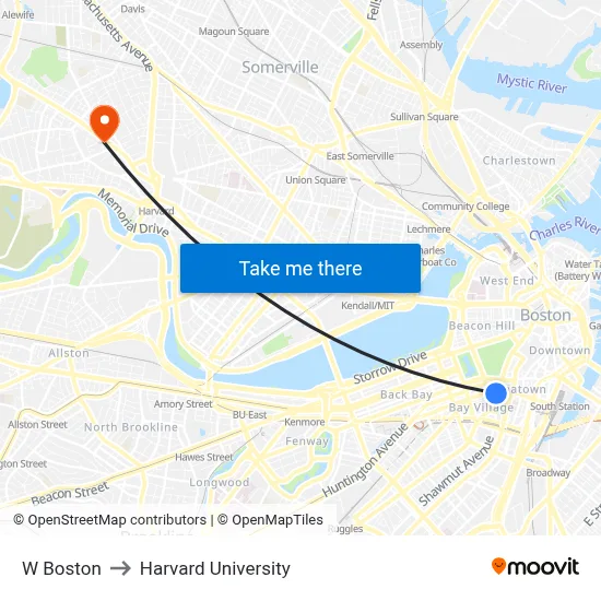 W Boston to Harvard University map