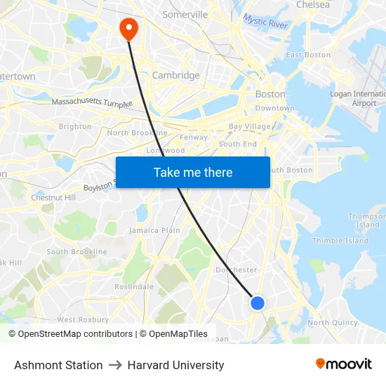 Ashmont Station to Harvard University map