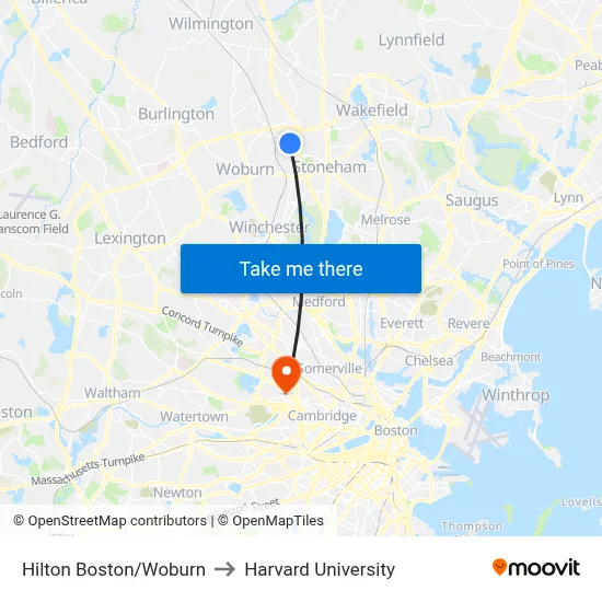 Hilton Boston/Woburn to Harvard University map