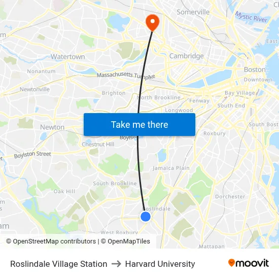 Roslindale Village Station to Harvard University map