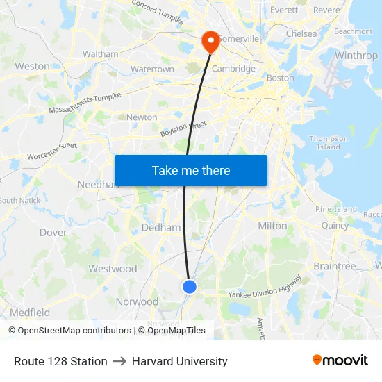 Route 128 Station to Harvard University map