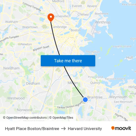 Hyatt Place Boston/Braintree to Harvard University map