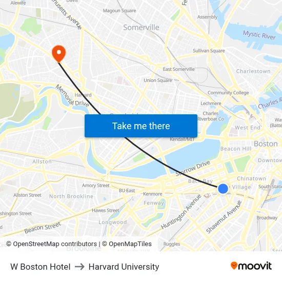 W Boston Hotel to Harvard University map