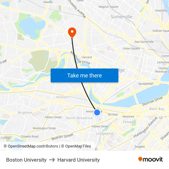 Boston University to Harvard University map