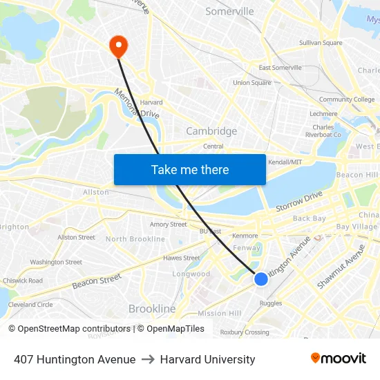 407 Huntington Avenue to Harvard University map