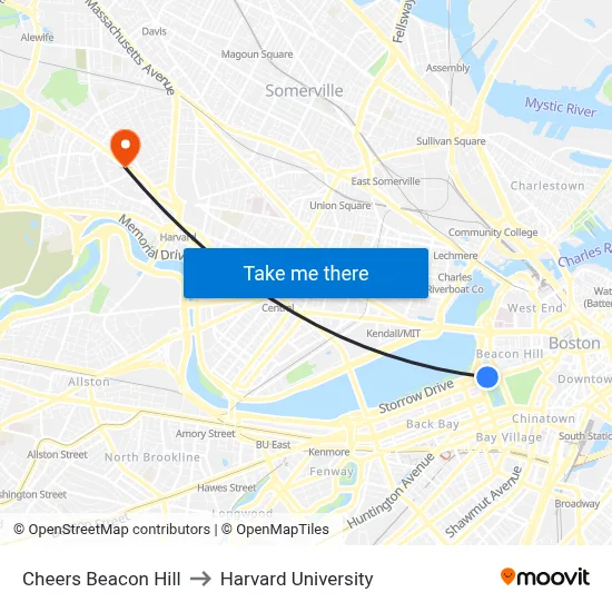 Cheers Beacon Hill to Harvard University map
