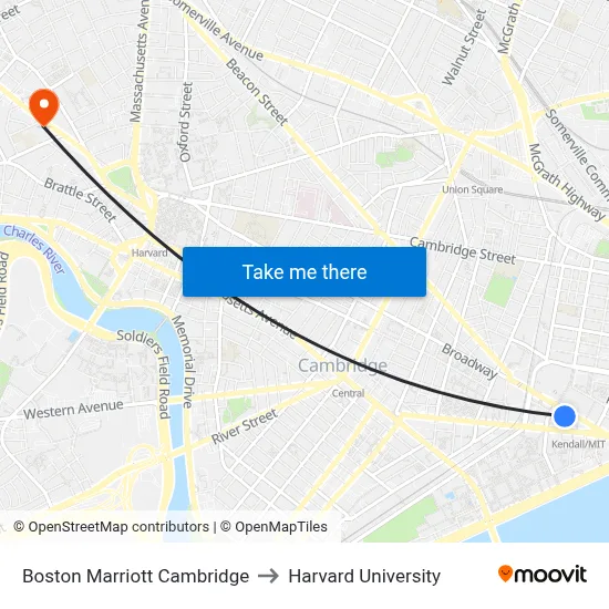 Boston Marriott Cambridge to Harvard University map