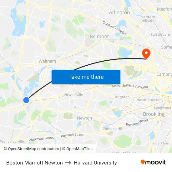 Boston Marriott Newton to Harvard University map