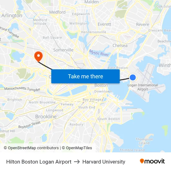 Hilton Boston Logan Airport to Harvard University map