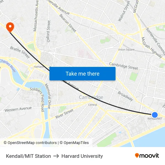 Kendall/MIT Station to Harvard University map