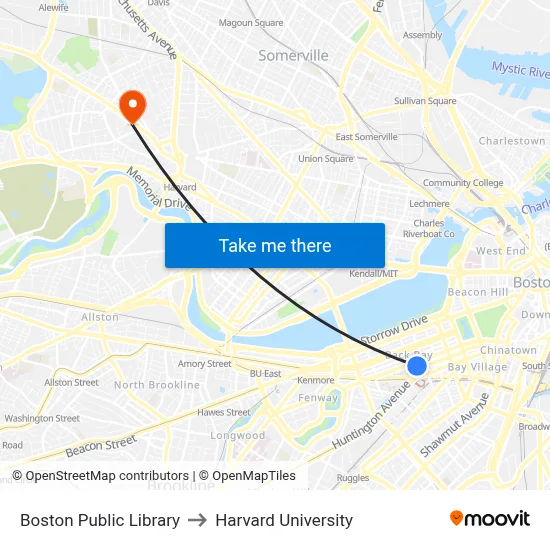 Boston Public Library to Harvard University map