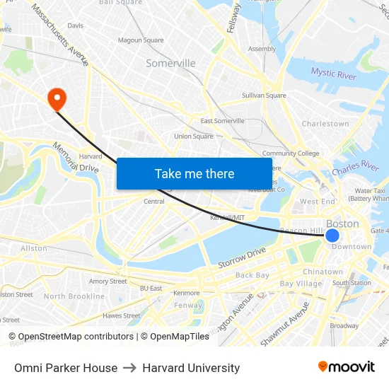 Omni Parker House to Harvard University map