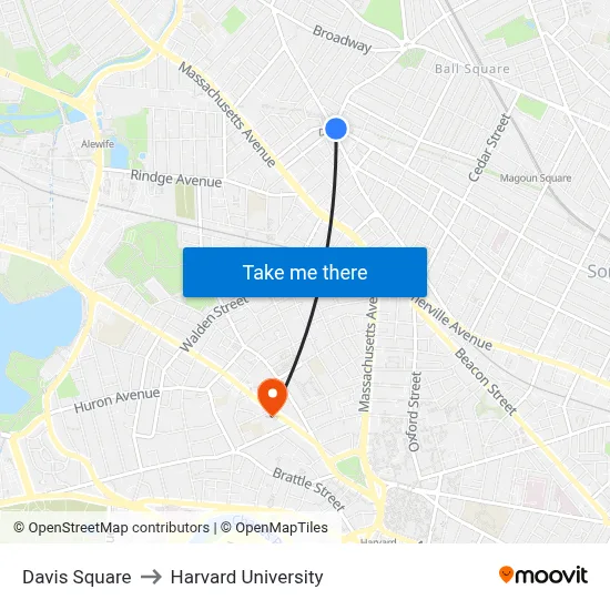 Davis Square to Harvard University map