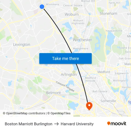 Boston Marriott Burlington to Harvard University map