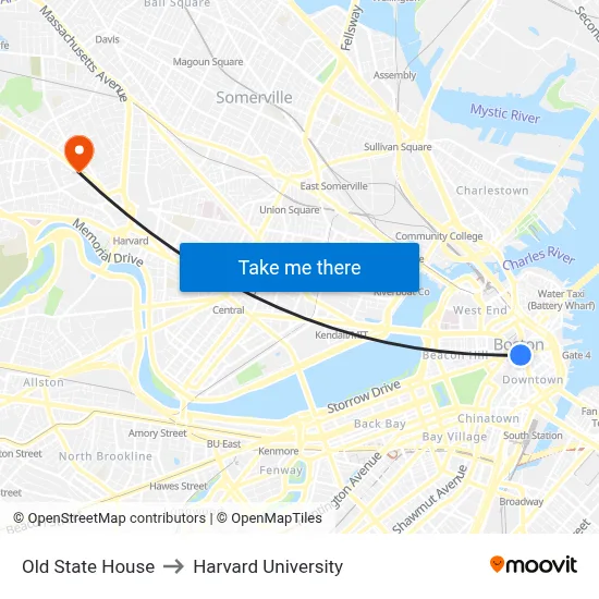 Old State House to Harvard University map