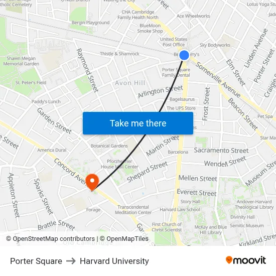 Porter Square to Harvard University map