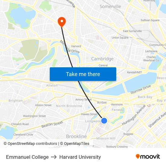 Emmanuel College to Harvard University map