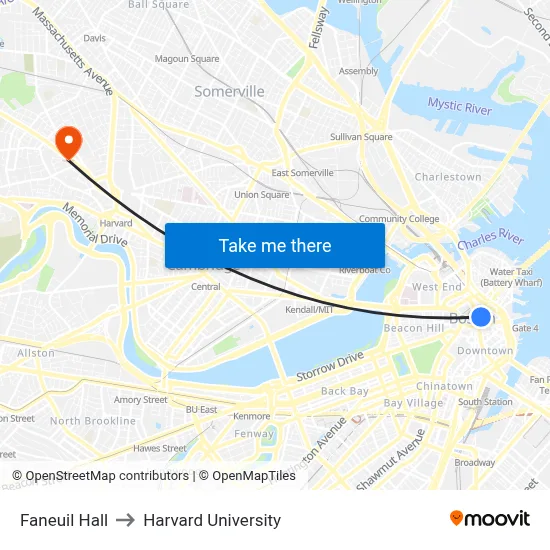 Faneuil Hall to Harvard University map