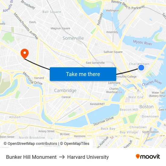 Bunker Hill Monument to Harvard University map