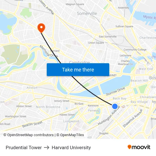 Prudential Tower to Harvard University map
