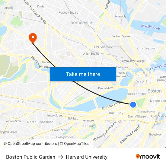 Boston Public Garden to Harvard University map