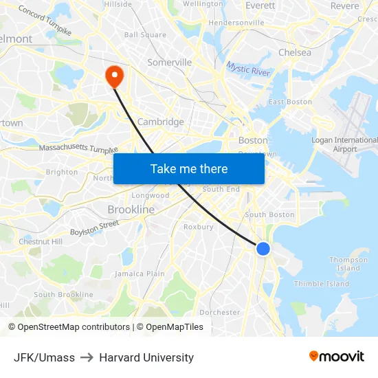 JFK/Umass to Harvard University map