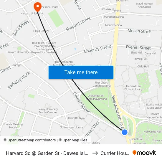 Harvard Sq @ Garden St - Dawes Island to Currier House map