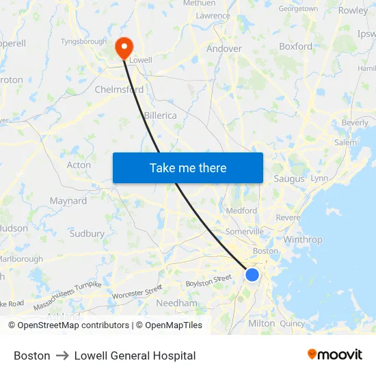 Boston to Lowell General Hospital map