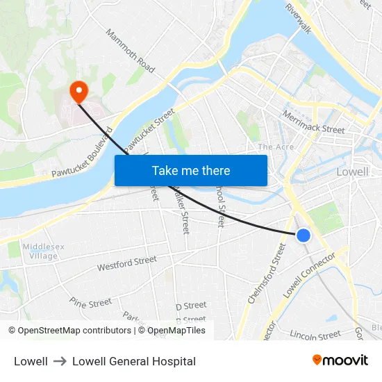 Lowell to Lowell General Hospital map
