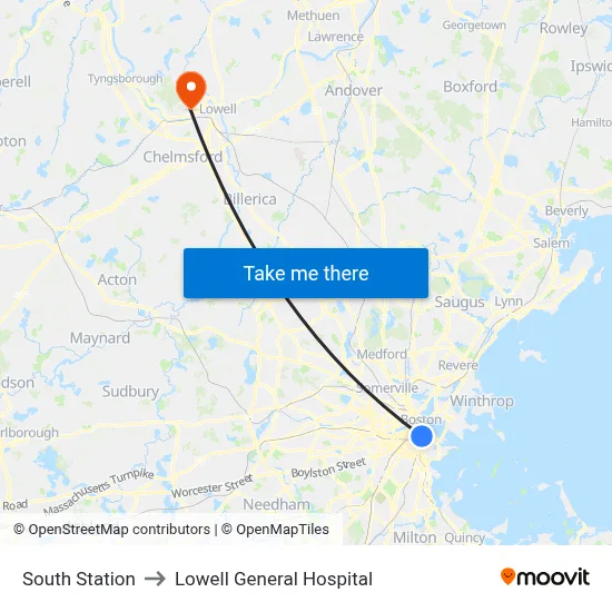 South Station to Lowell General Hospital map