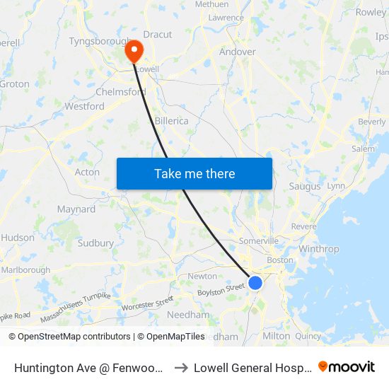 Huntington Ave @ Fenwood Rd to Lowell General Hospital map
