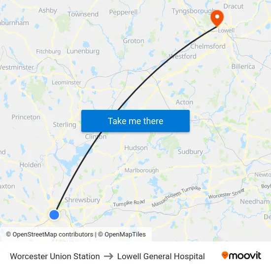 Worcester Union Station to Lowell General Hospital map