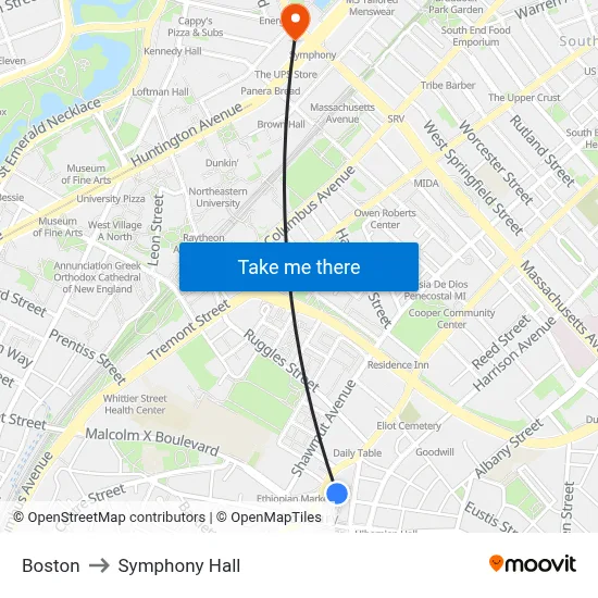 Boston to Symphony Hall map