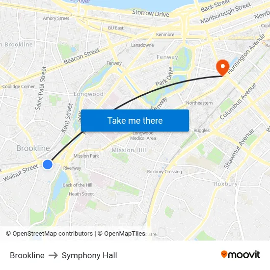 Brookline to Symphony Hall map