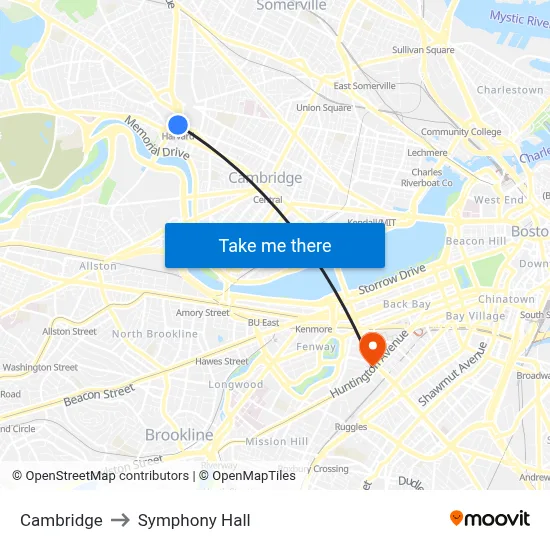 Cambridge to Symphony Hall map